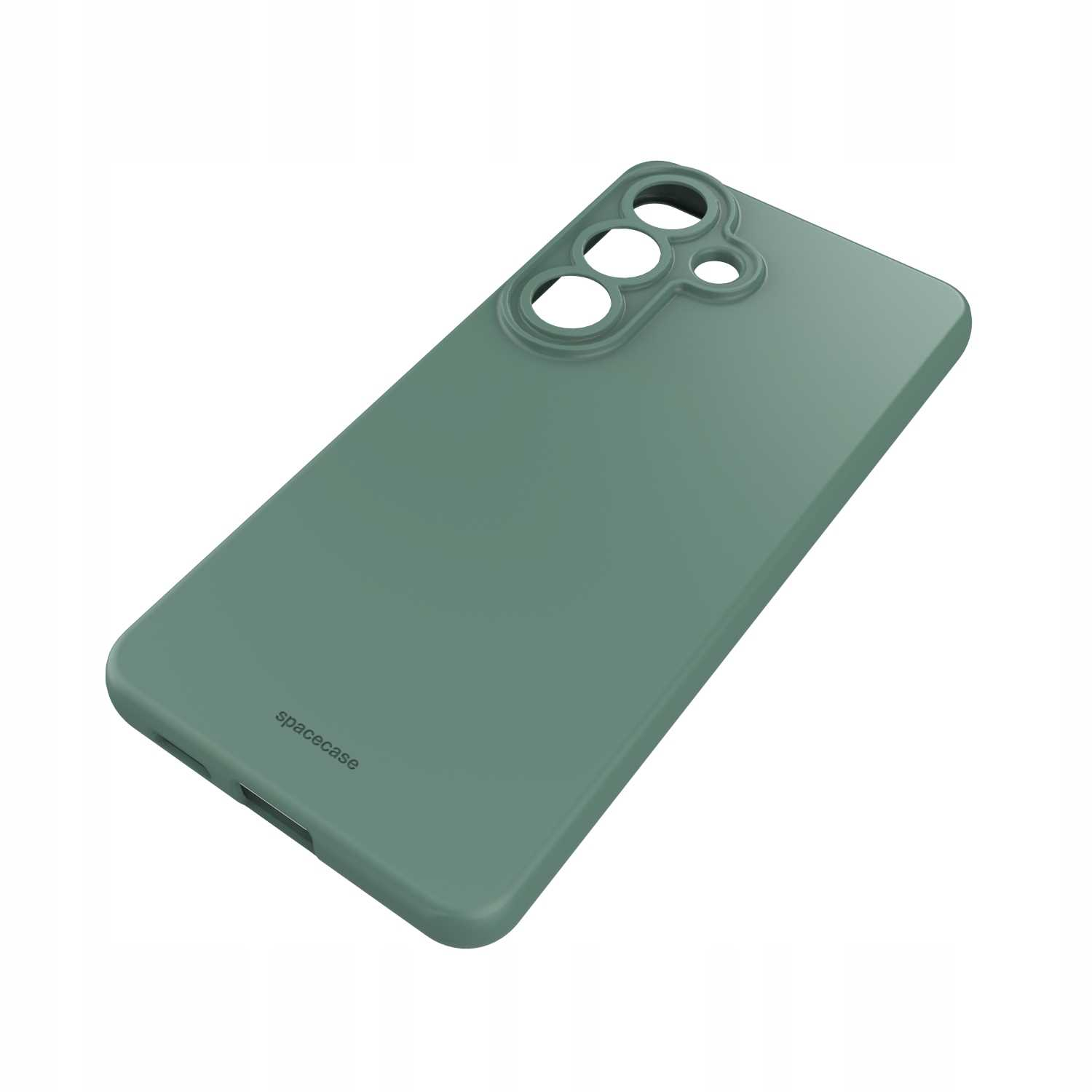 Zielone etui na telefon z wycięciami na aparat i logo "spacecase".