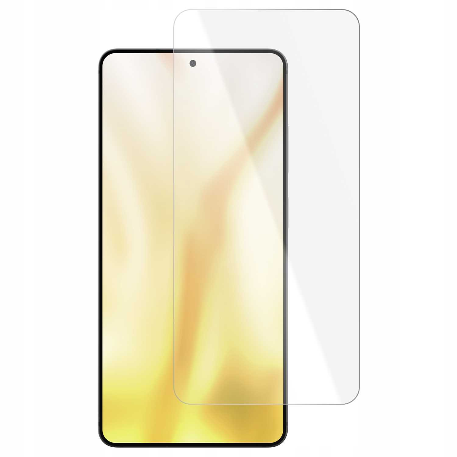 Folia ochronna na ekran leży obok smartfona z żółtym tłem.