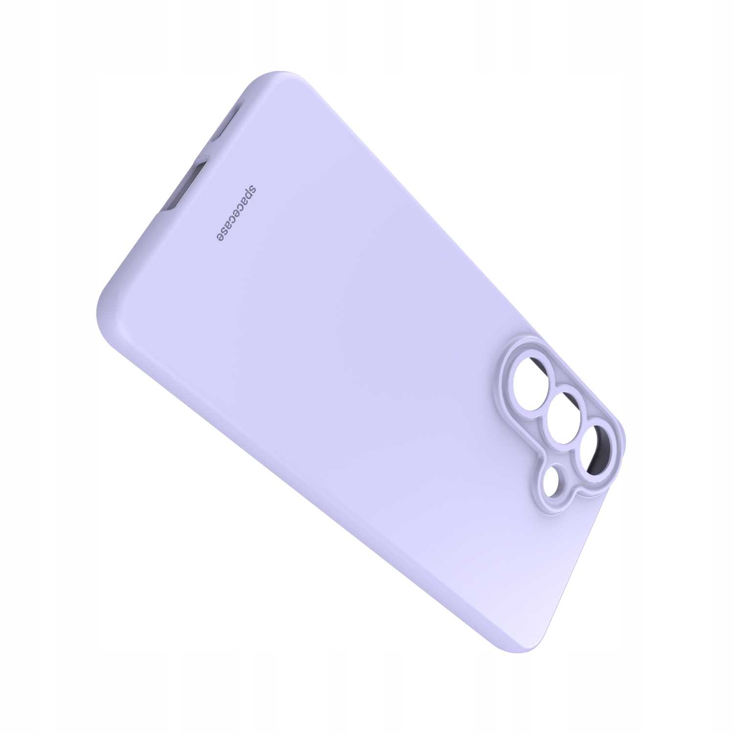 Jasnofioletowe etui na telefon z wycięciami na aparat i przyciski.