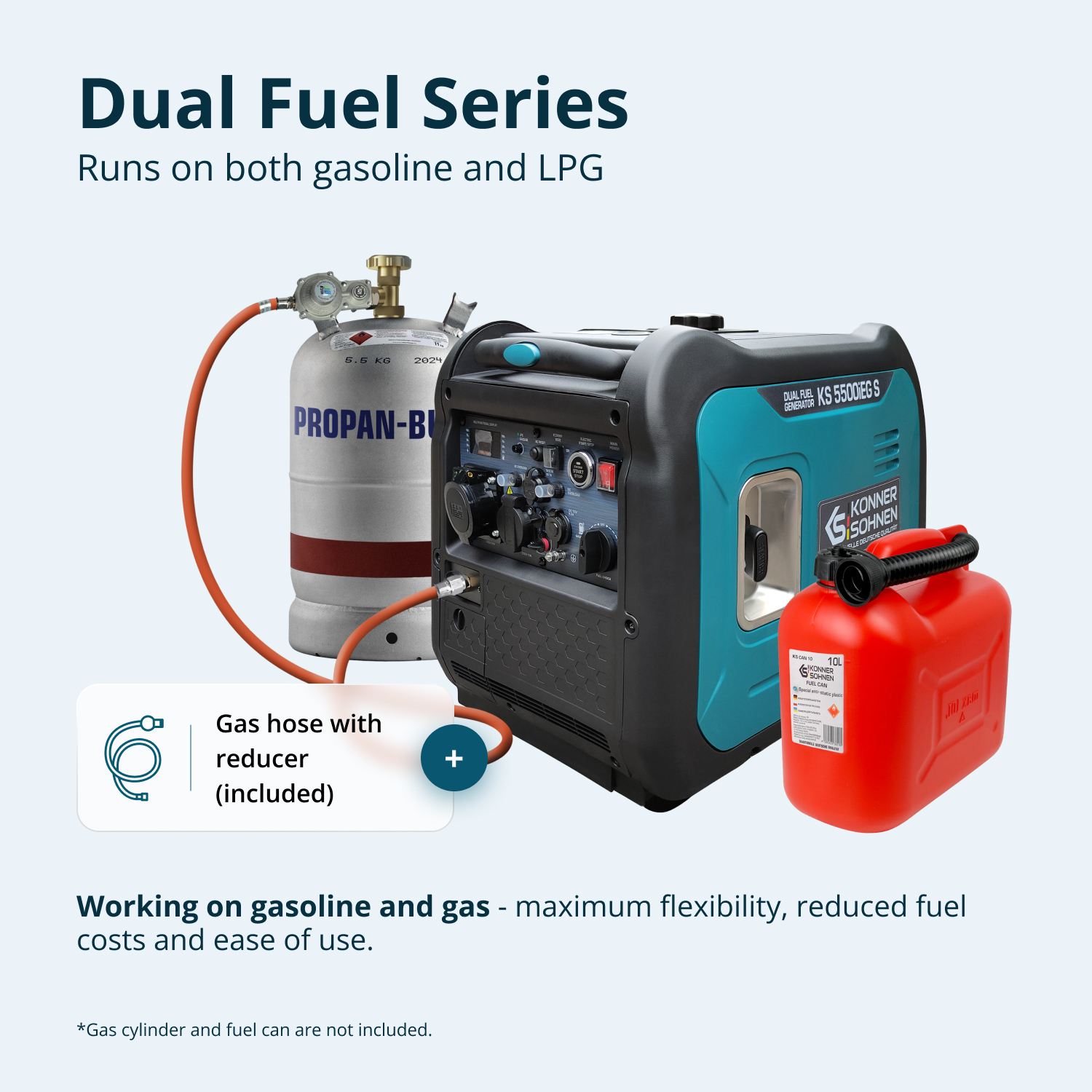 Generator obok butli gazowej i czerwonego kanistra.