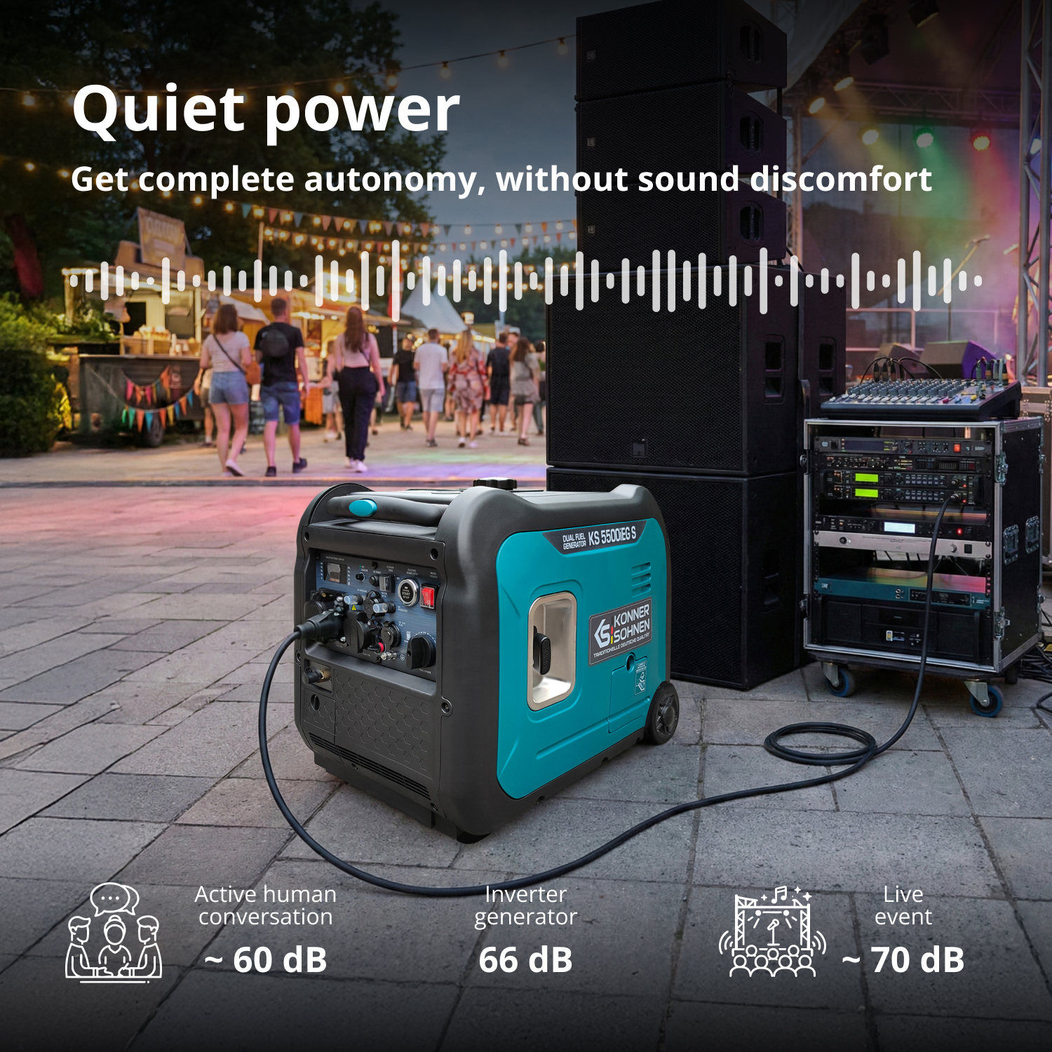 Generator stoi obok głośników i miksera na wydarzeniu na żywo.