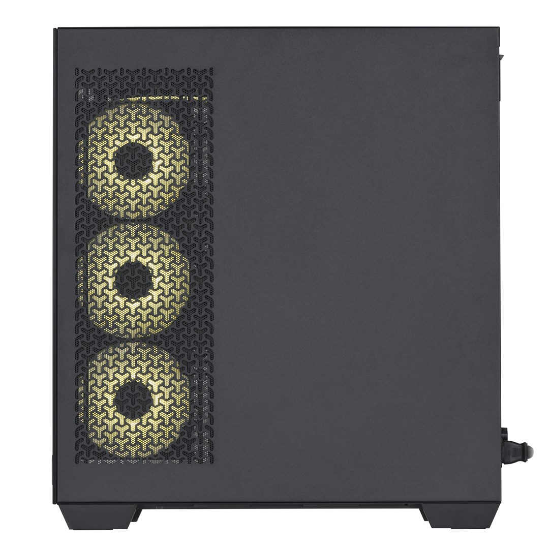 Czarna obudowa komputera z trzema podświetlanymi żółtymi wentylatorami za siatką.
