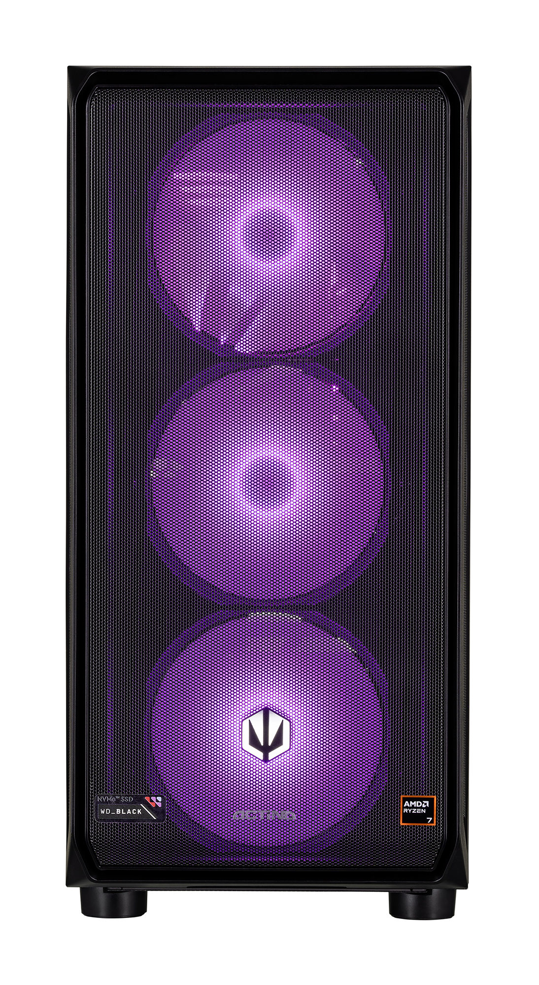 Czarna obudowa komputera z trzema przednimi wentylatorami podświetlonymi na fioletowo.