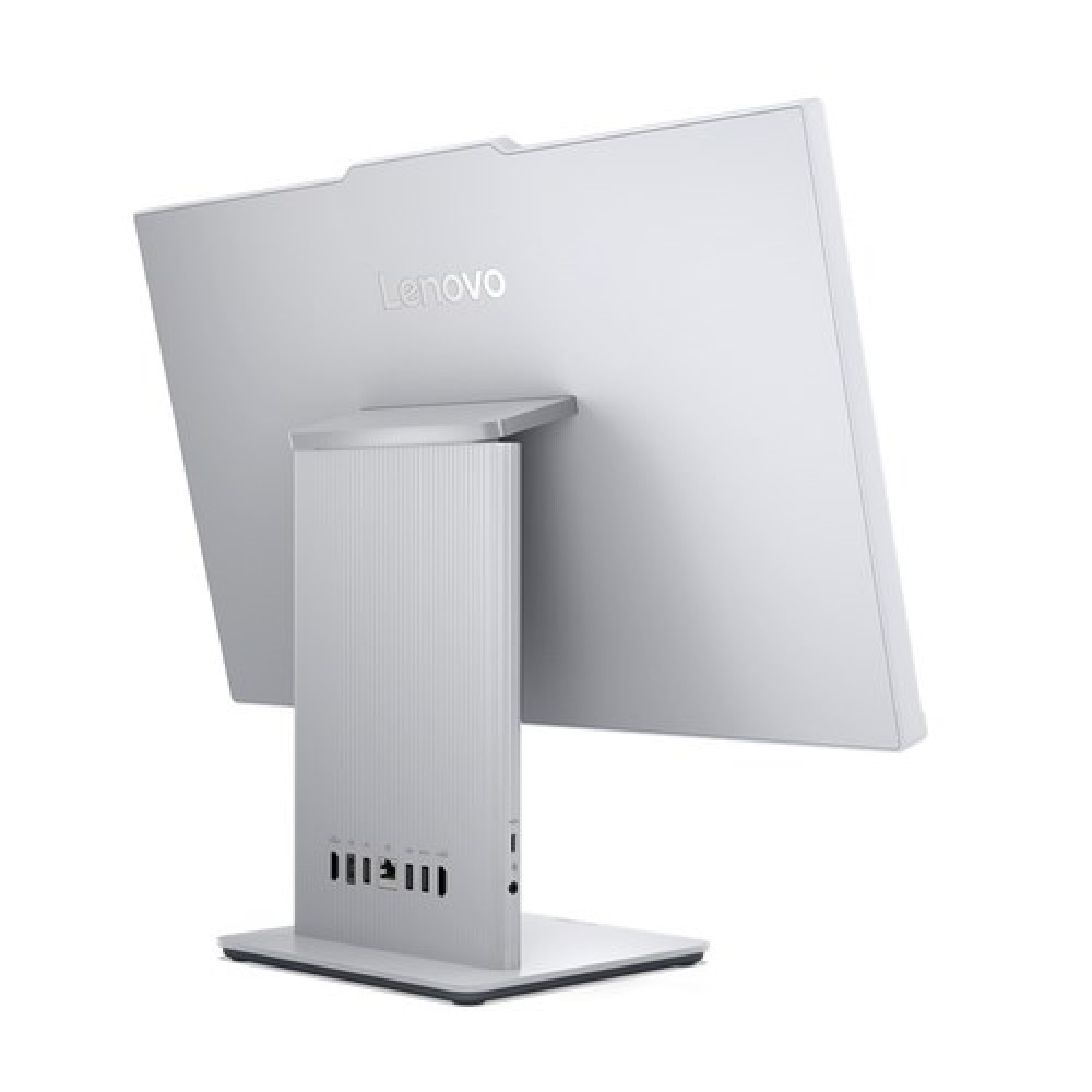 Tył białego komputera all-in-one Lenovo z portami.