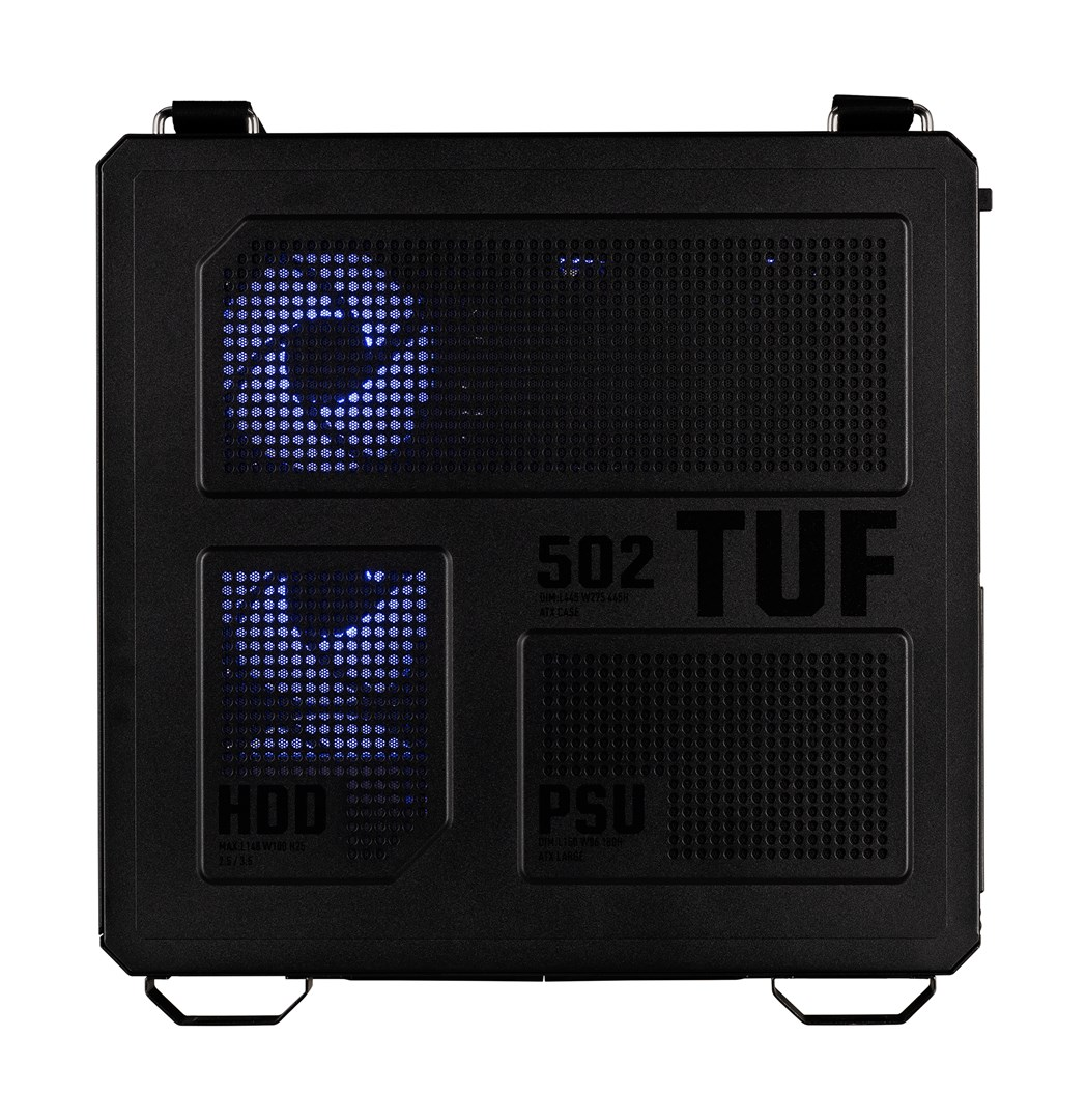 Czarna obudowa PC z niebieskimi wentylatorami, oznaczenia 502, TUF, HDD, PSU.