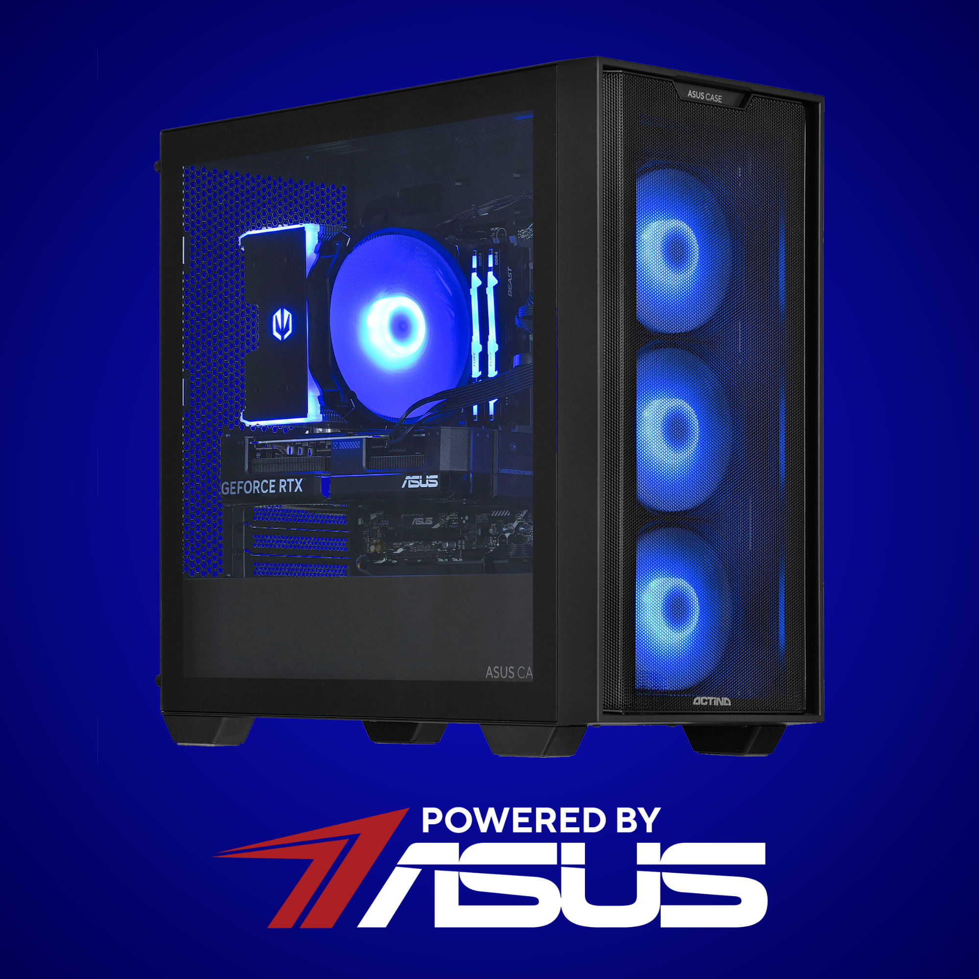 Czarna obudowa komputera z niebieskimi wentylatorami LED i komponentami.