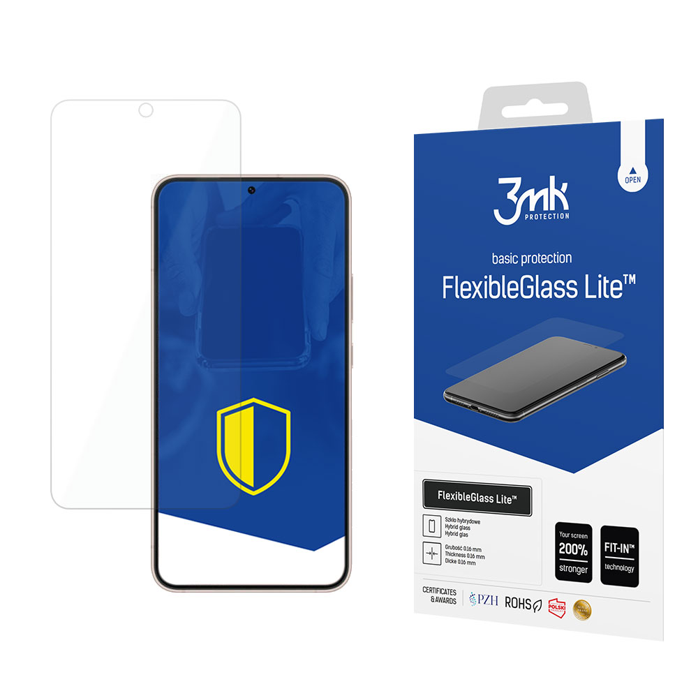 Smartfon z folią ochronną na ekran i opakowaniem. Niebieskie pudełko z tekstem.