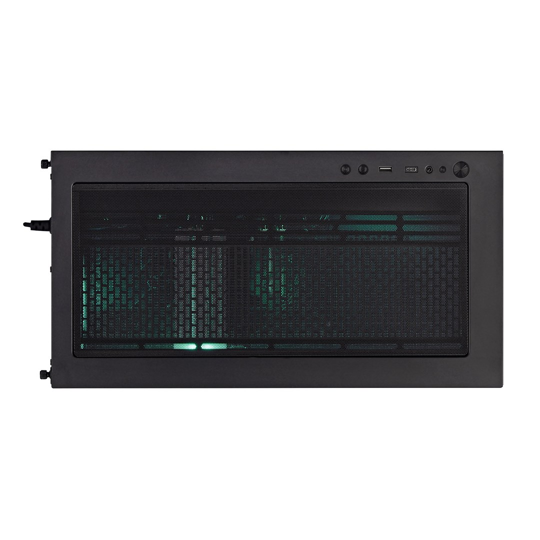 Czarna obudowa komputera z siatkowym frontem i zielonym podświetleniem LED.