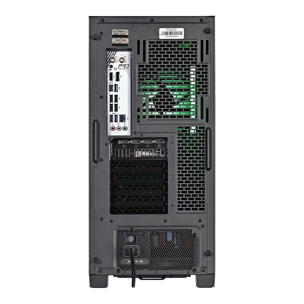 Vista posteriore di un case per computer nero con porte e griglie di ventilazione.