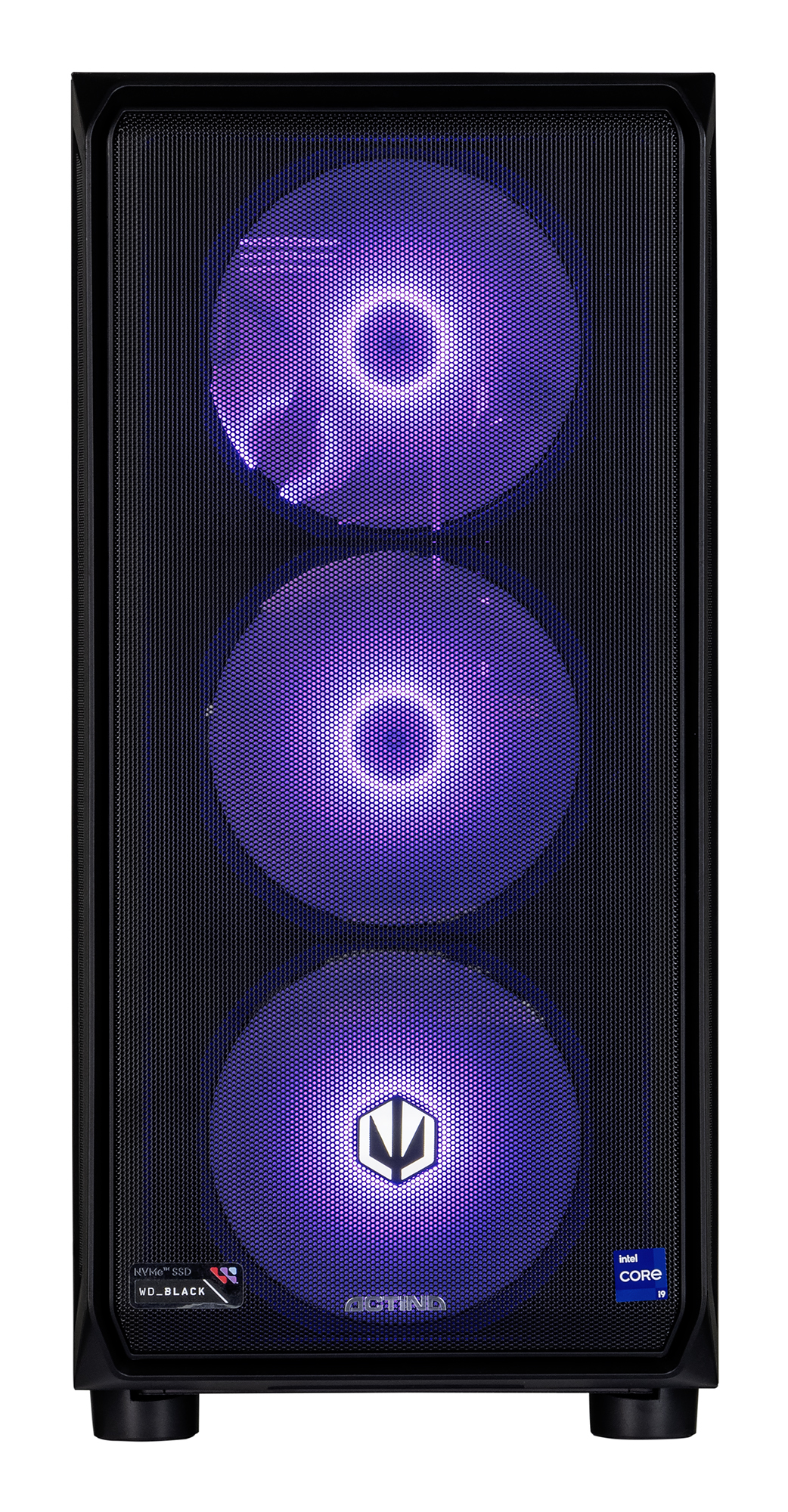 Czarna obudowa komputera z trzema podświetlanymi wentylatorami.