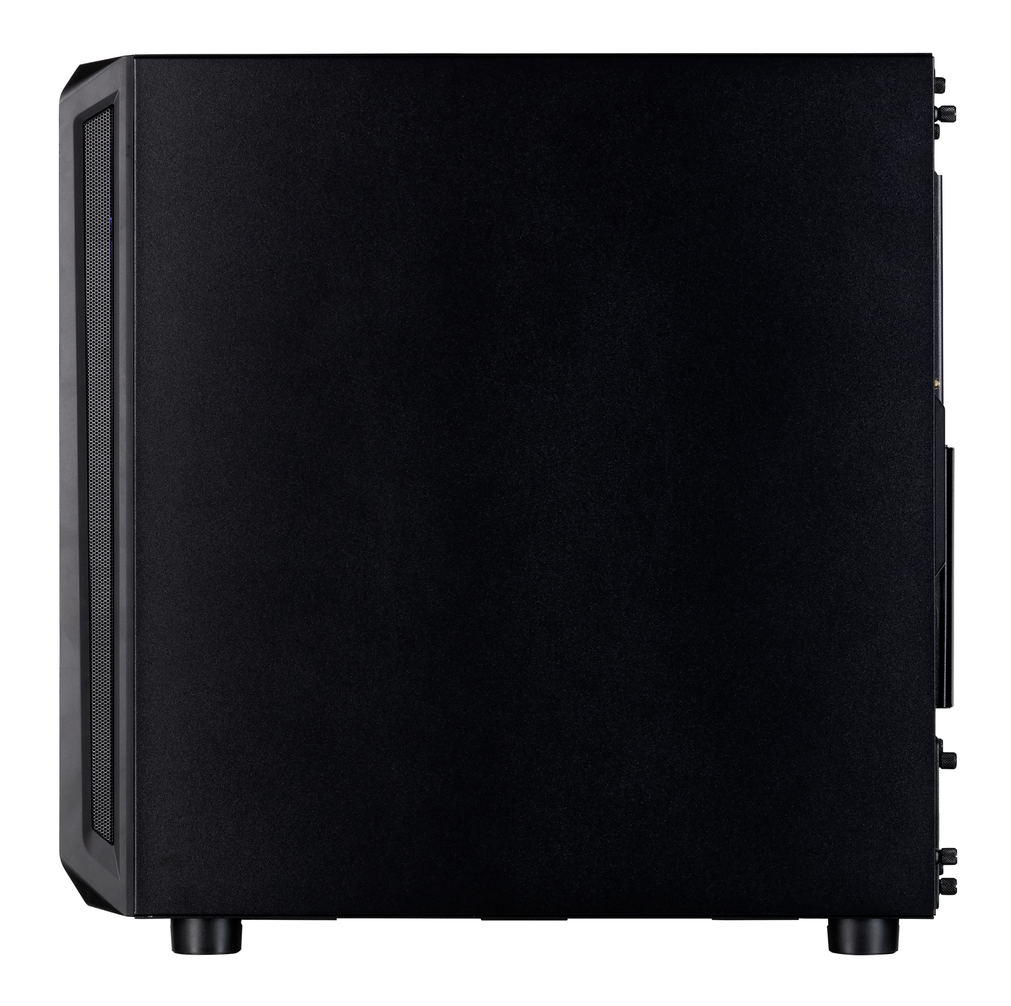 Czarna obudowa komputera z przednim wentylatorem i nóżkami.