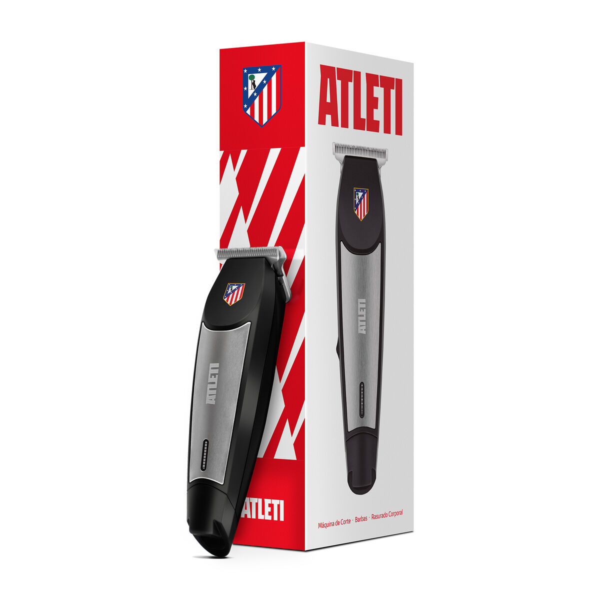 Un cortapelos negro y plateado con logo del Atlético de Madrid en su embalaje.