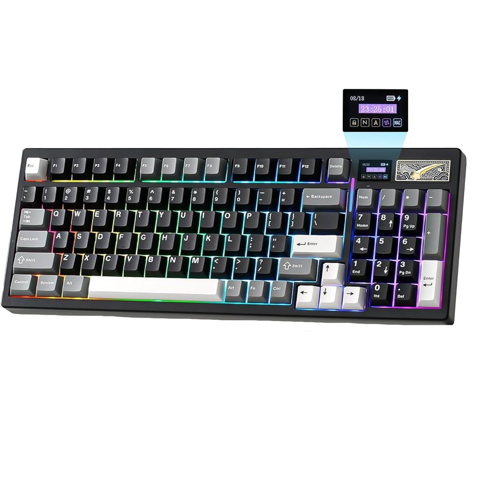 Un clavier noir avec éclairage RVB et un petit écran en haut à droite.