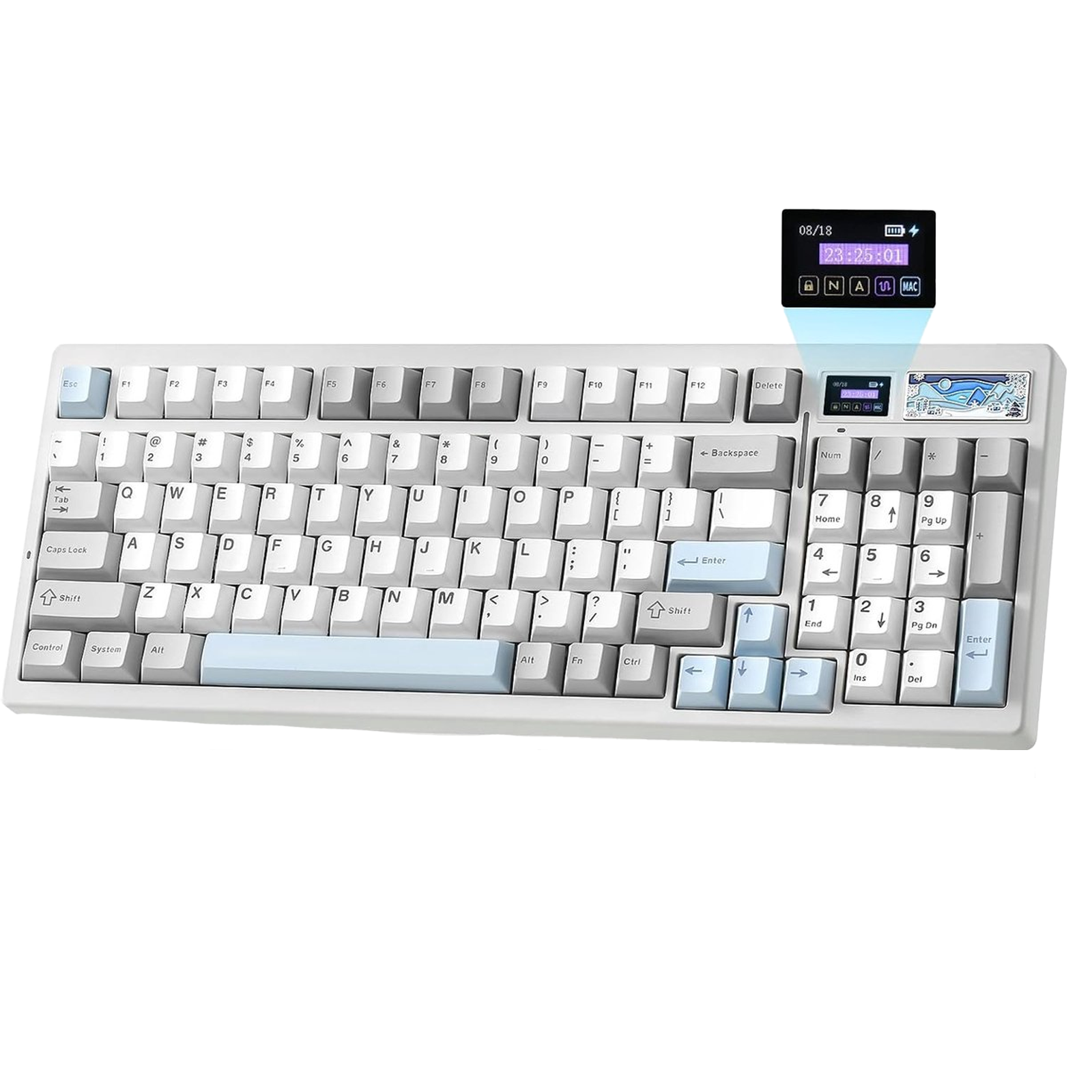 Wit toetsenbord met blauw verlichte toetsen en een klein scherm.