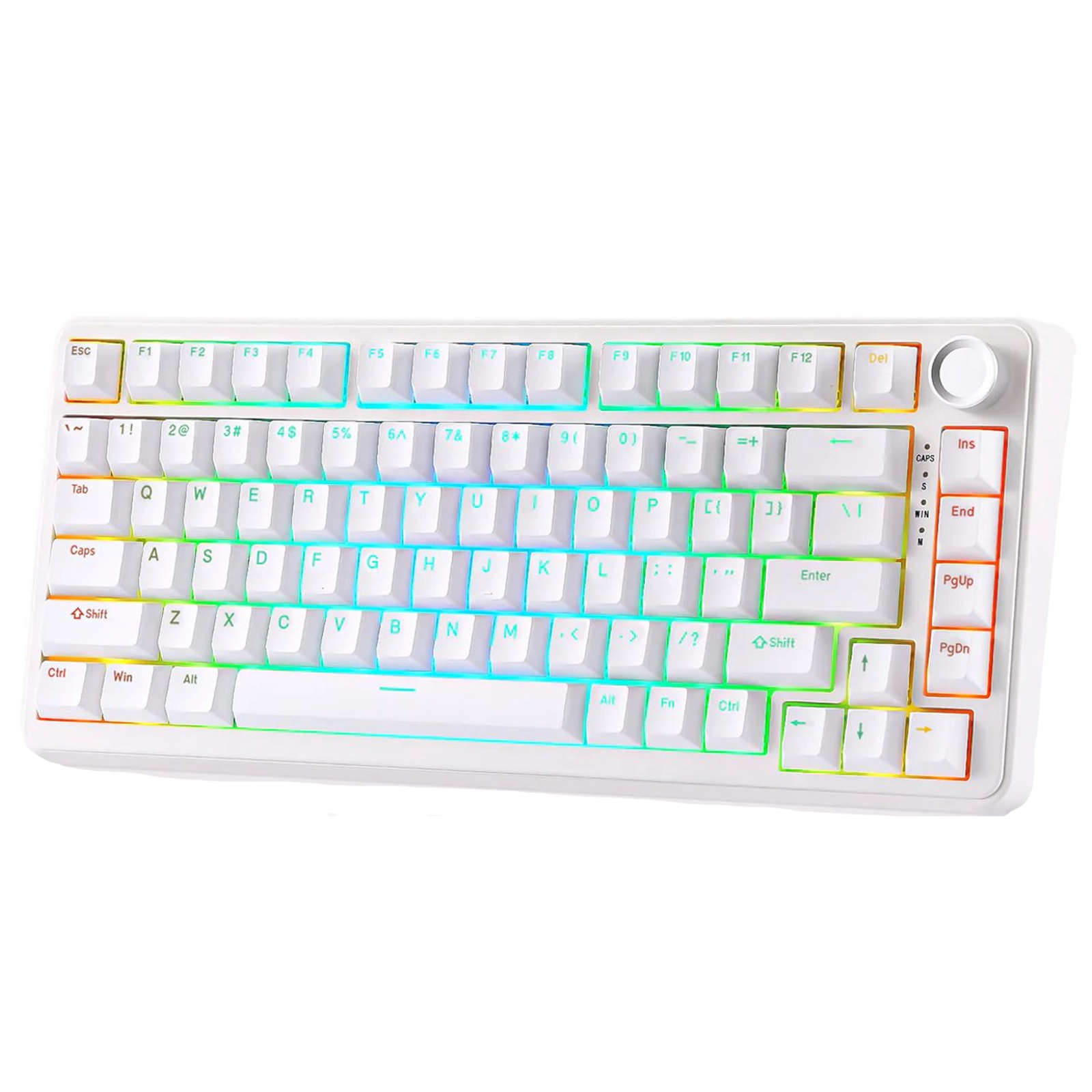Un clavier blanc avec éclairage RVB et un bouton rotatif en haut à droite.