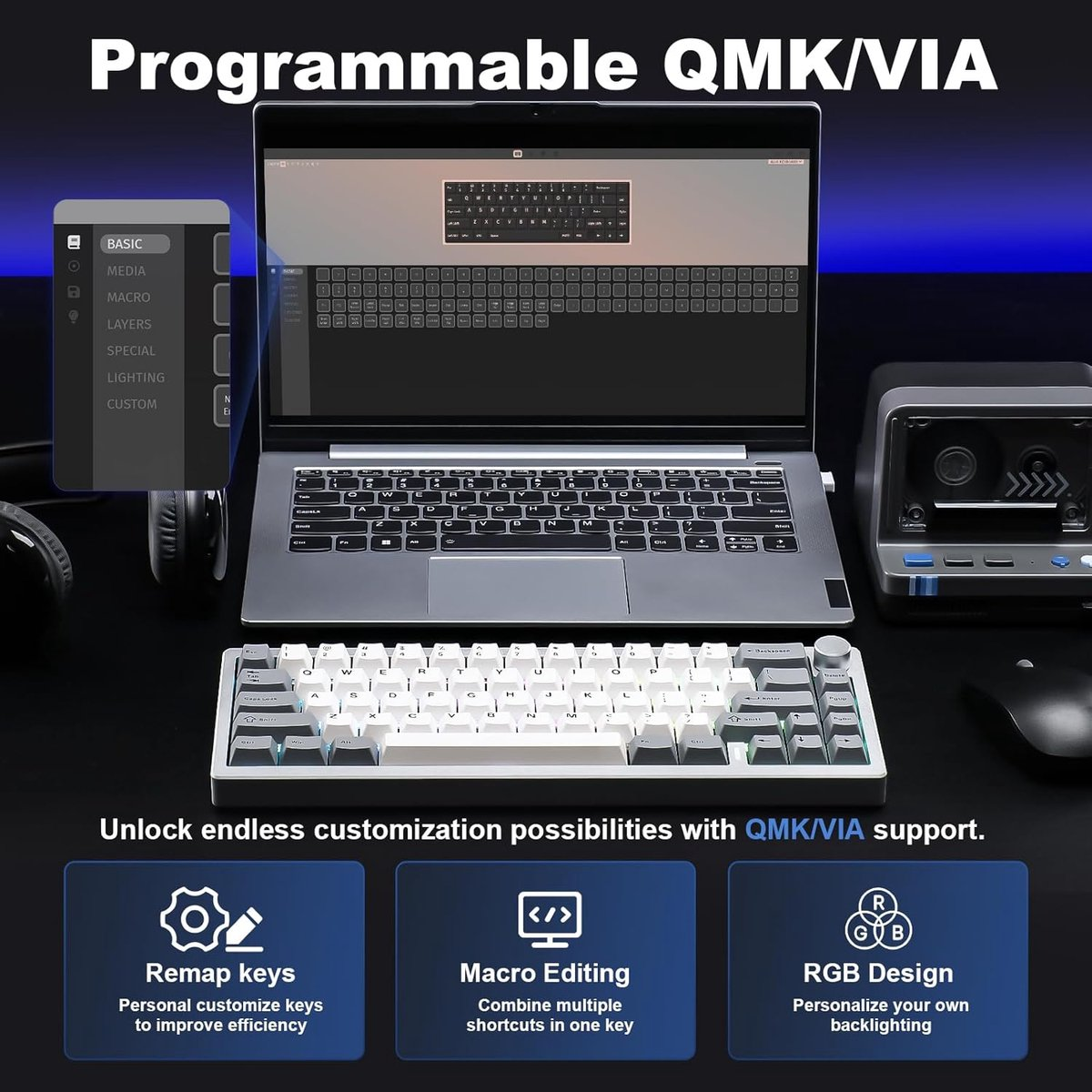 Laptop met QMK/VIA-software, wit toetsenbord en aangepaste toetsenbordcomponenten.