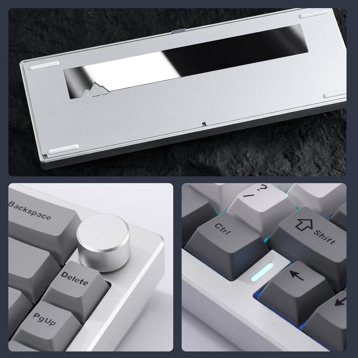 Zilver keyboard: Onderkant, draaiknop en verlichte toetsen.