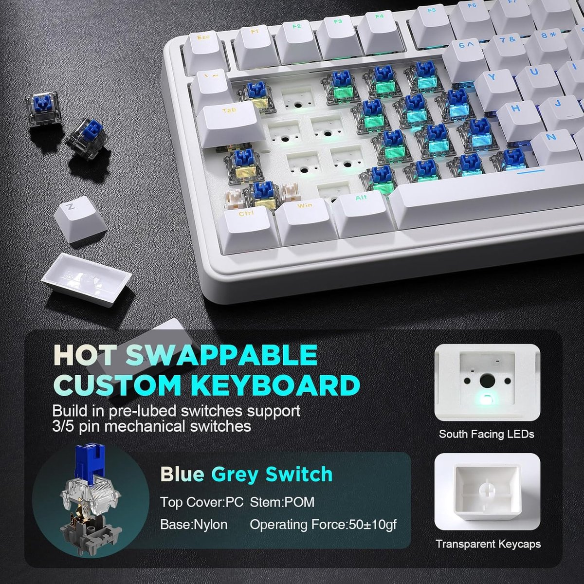 Un clavier blanc avec des interrupteurs retirés et des touches transparentes.