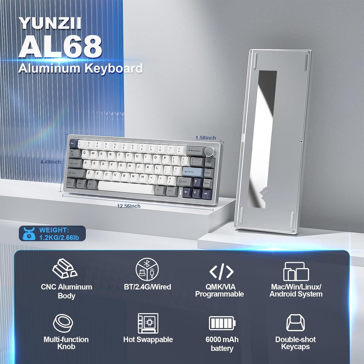 YUNZII AL68 Aluminium toetsenbord met afneembare behuizing, afmetingen.