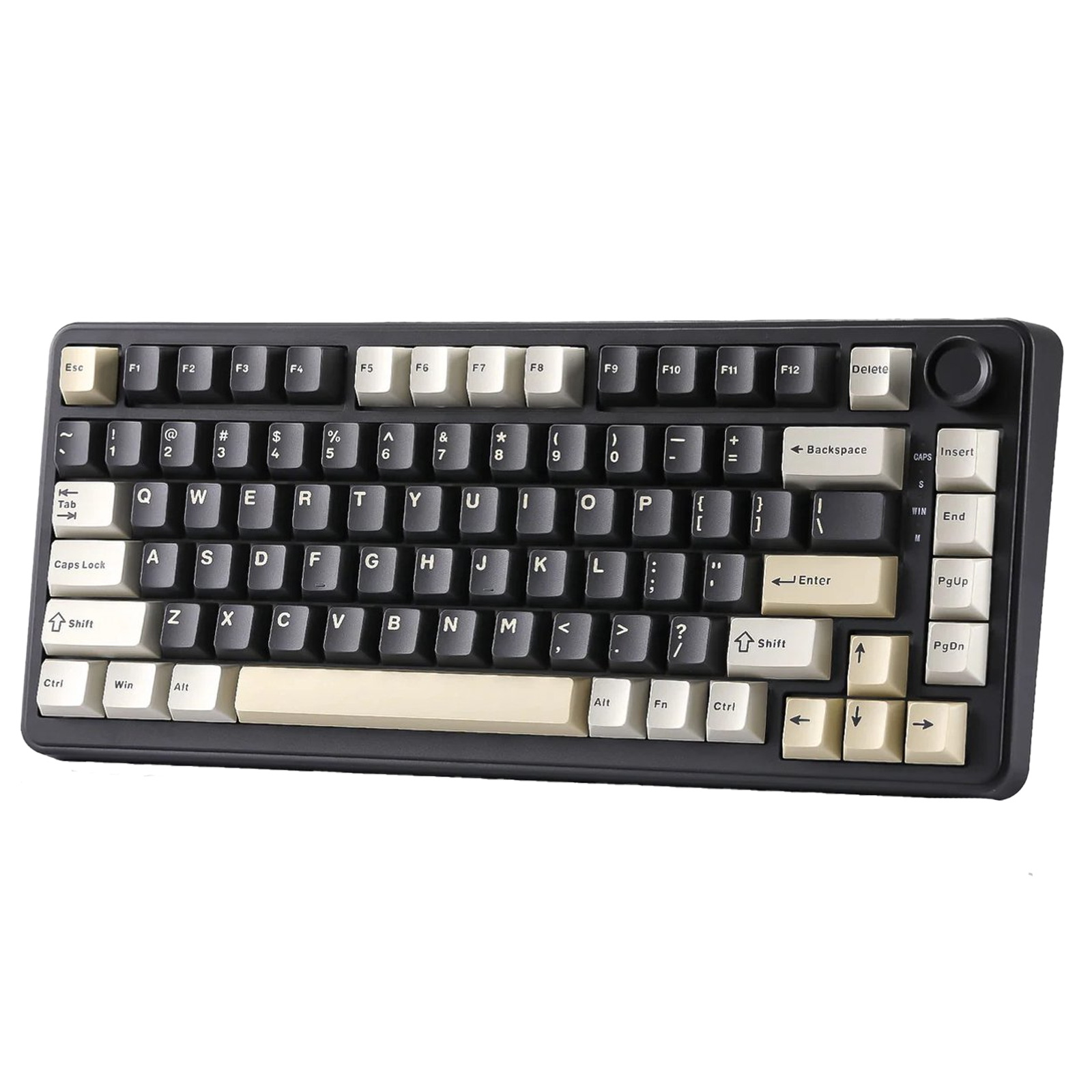 Un clavier noir avec des touches sombres et claires et un bouton rotatif.