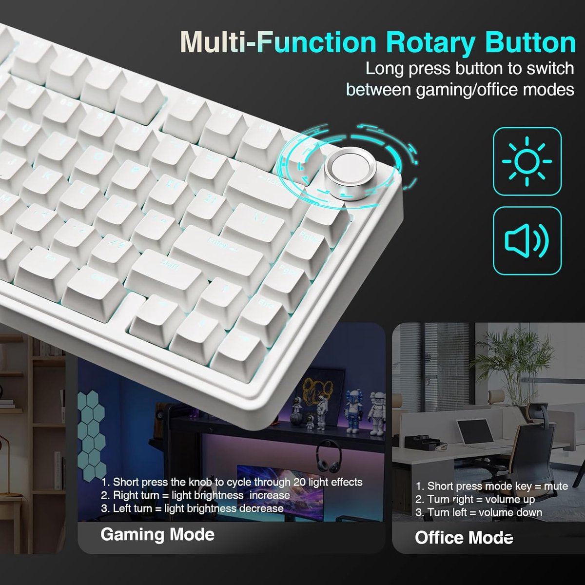 Clavier blanc avec bouton rotatif pour modes jeu/bureau, éclairage et volume.