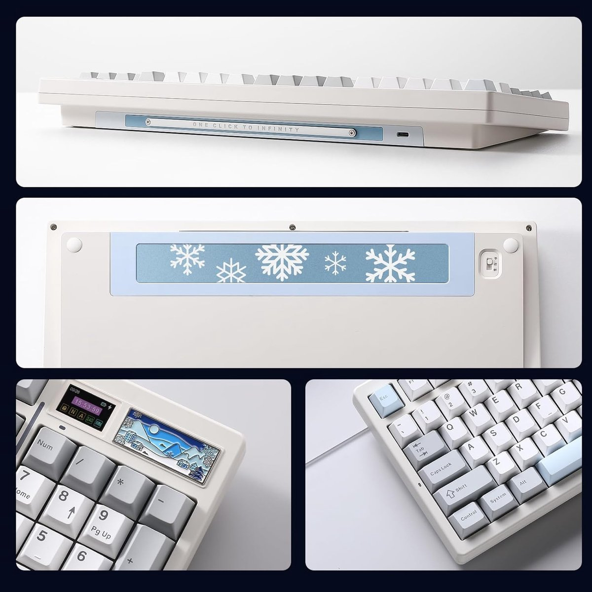 Een wit toetsenbord met sneeuwvlok-design en klein scherm.