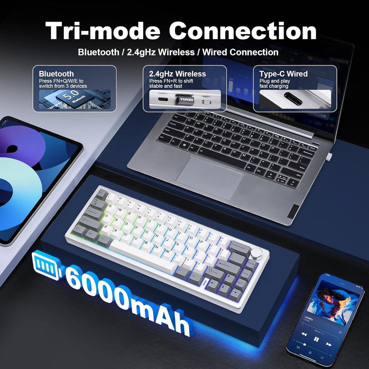 Een wit-grijs toetsenbord verbindt laptop, tablet en smartphone. 6000mAh.