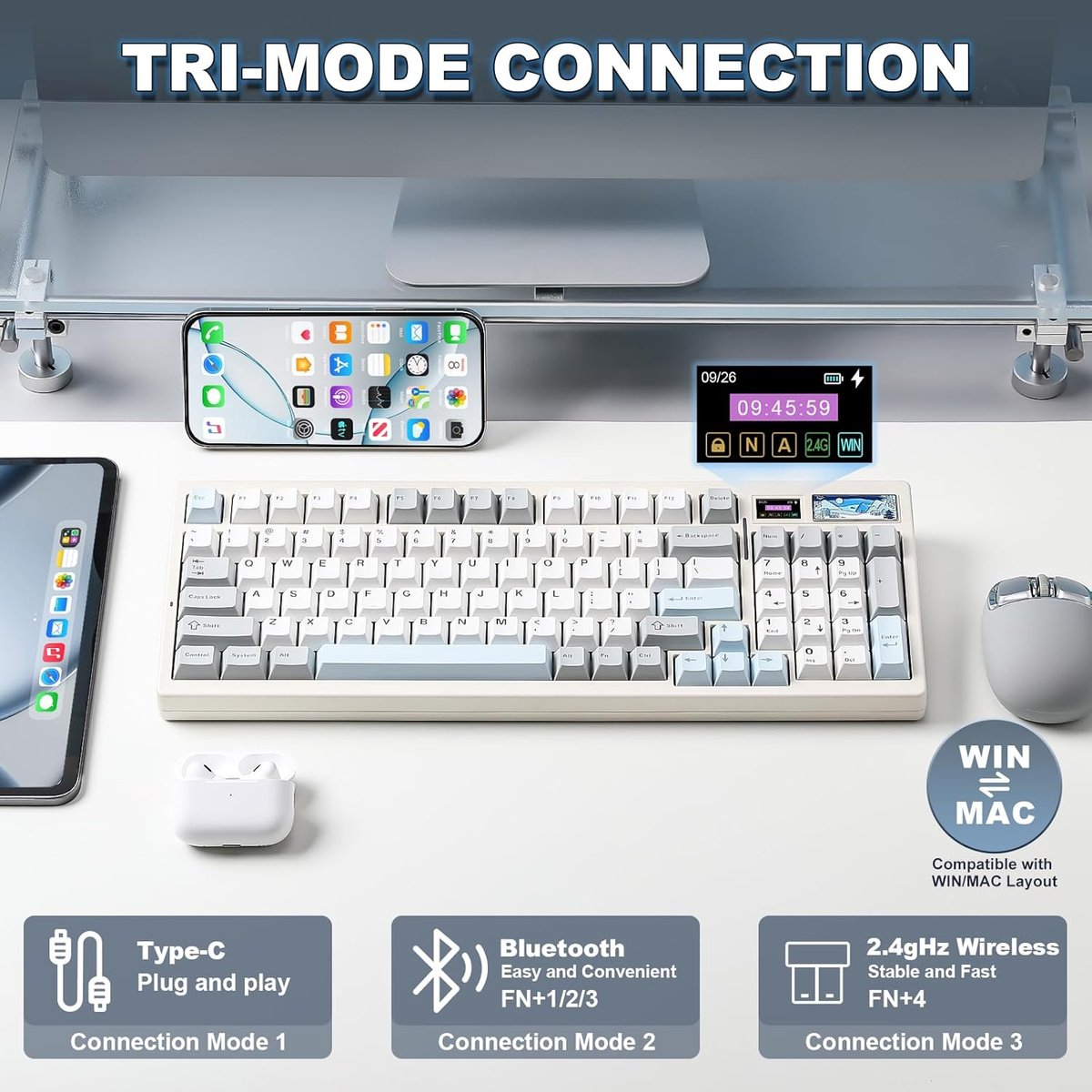 Een toetsenbord met drie verbindingsmodi: Type-C, Bluetooth en 2.4GHz.