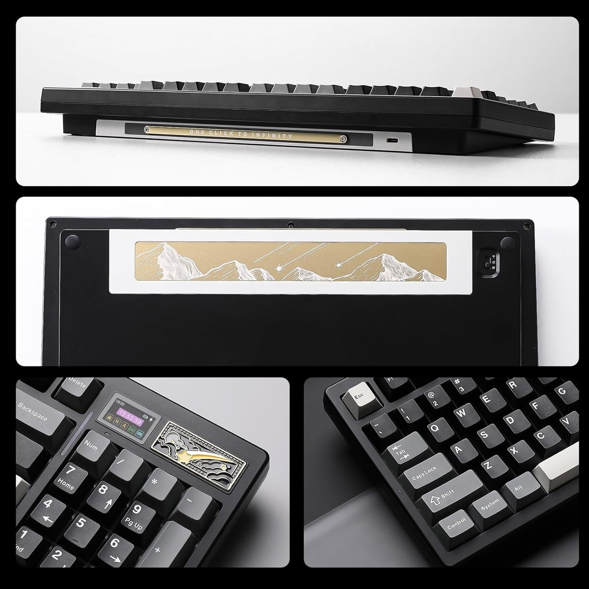 Un clavier noir vu de côté, par le dessous et avec des gros plans des touches.