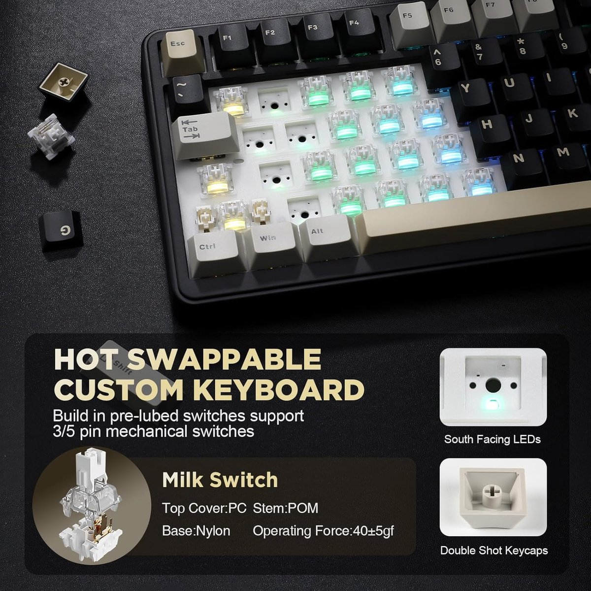 Clavier personnalisé échangeable à chaud avec interrupteurs lumineux et touches détachables.