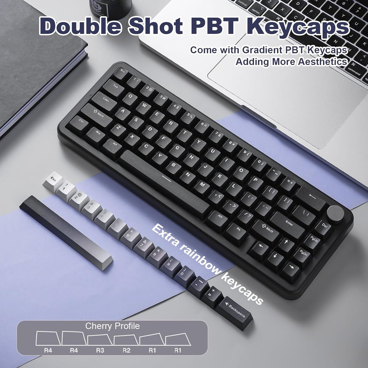 Zwart toetsenbord met extra grijze en witte keycaps en een diagram van Cherry profielen.
