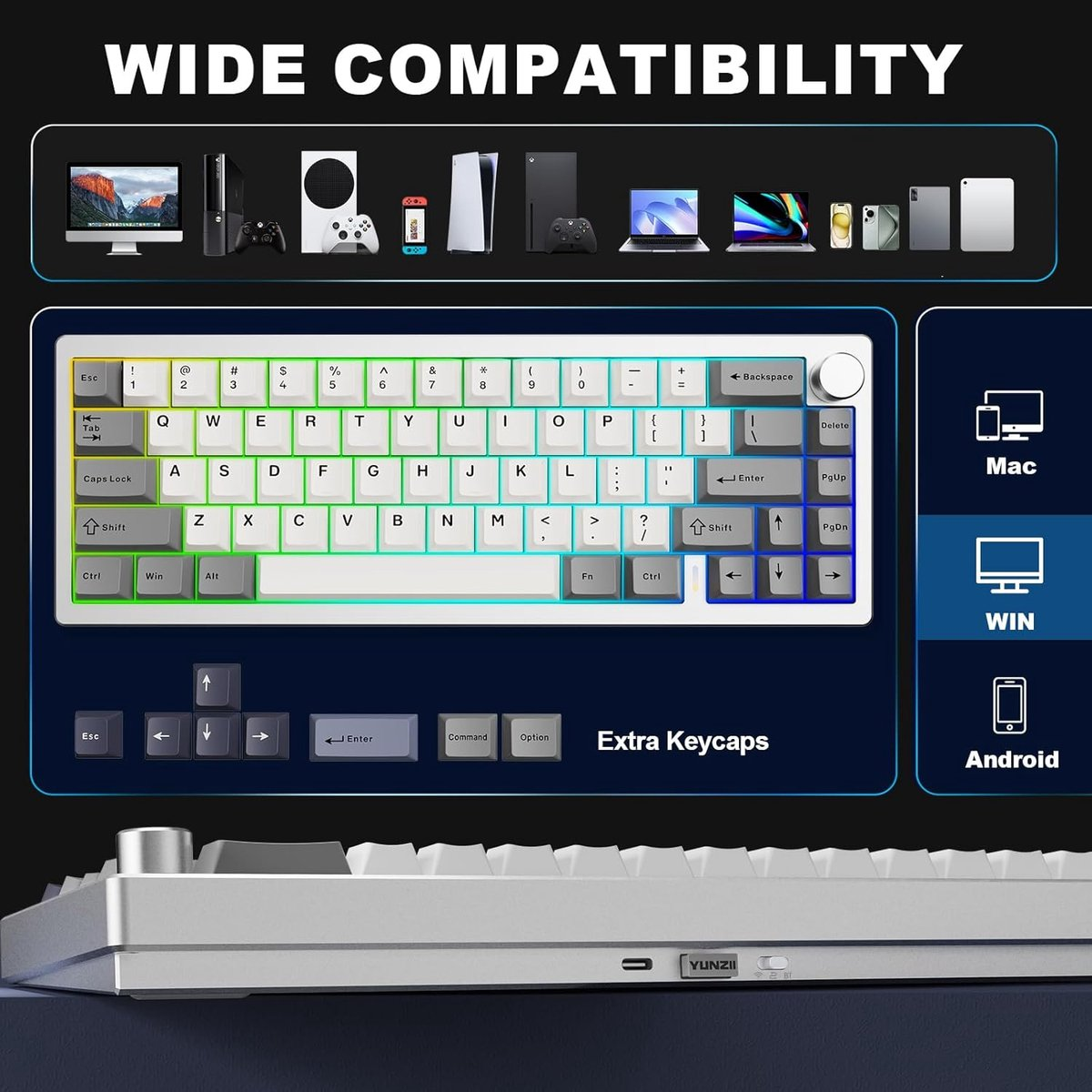 Een toetsenbord met RGB-verlichting en diverse compatibele apparaten getoond.