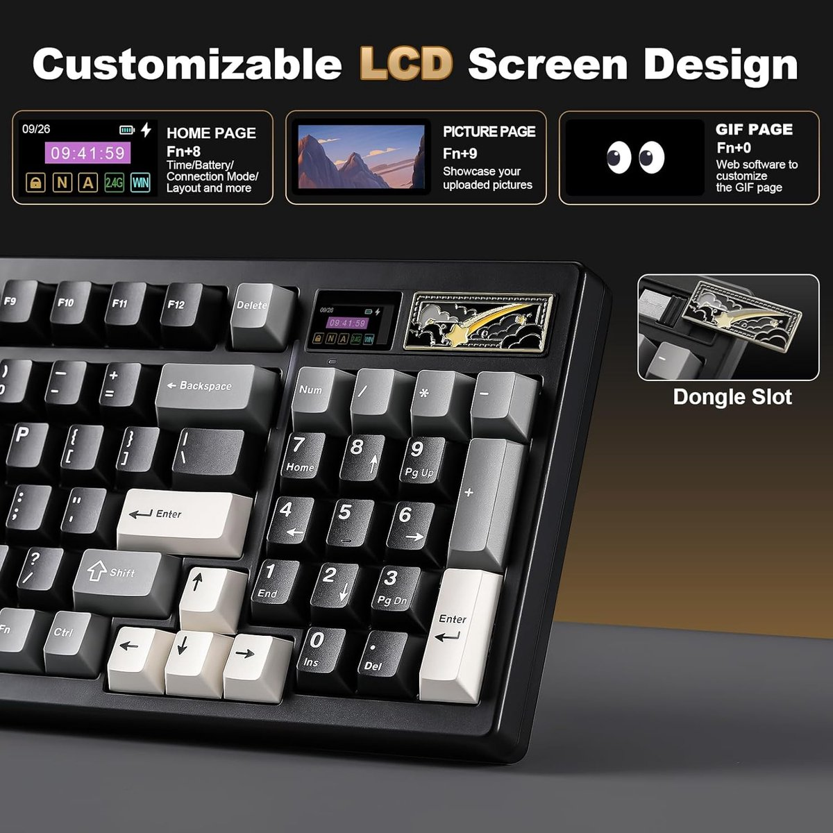Clavier avec écran LCD personnalisable affichant les pages d'accueil, d'images et de GIF.