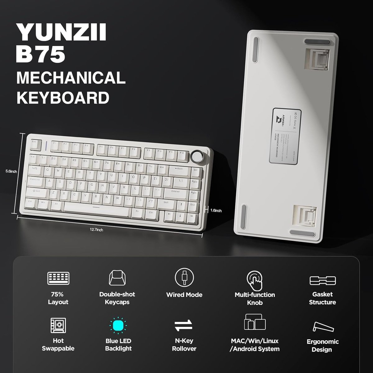 Un clavier mécanique YUNZII B75 blanc avec pavé numérique, bouton rotatif et diverses options de disposition.