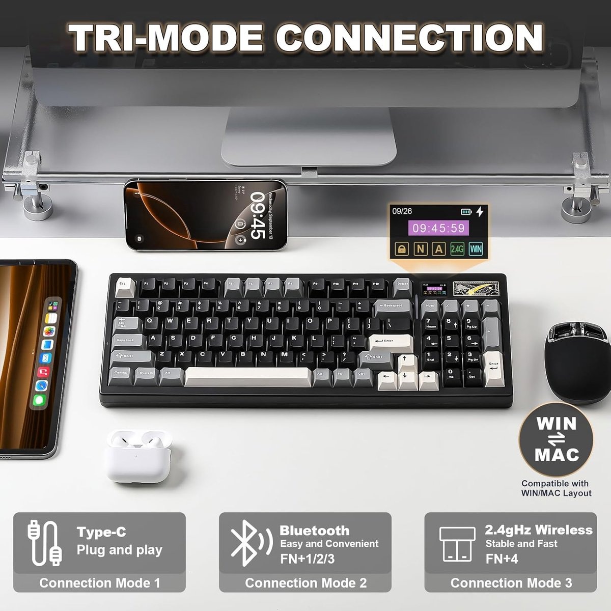 Une installation de bureau avec clavier, souris, smartphone et écouteurs.