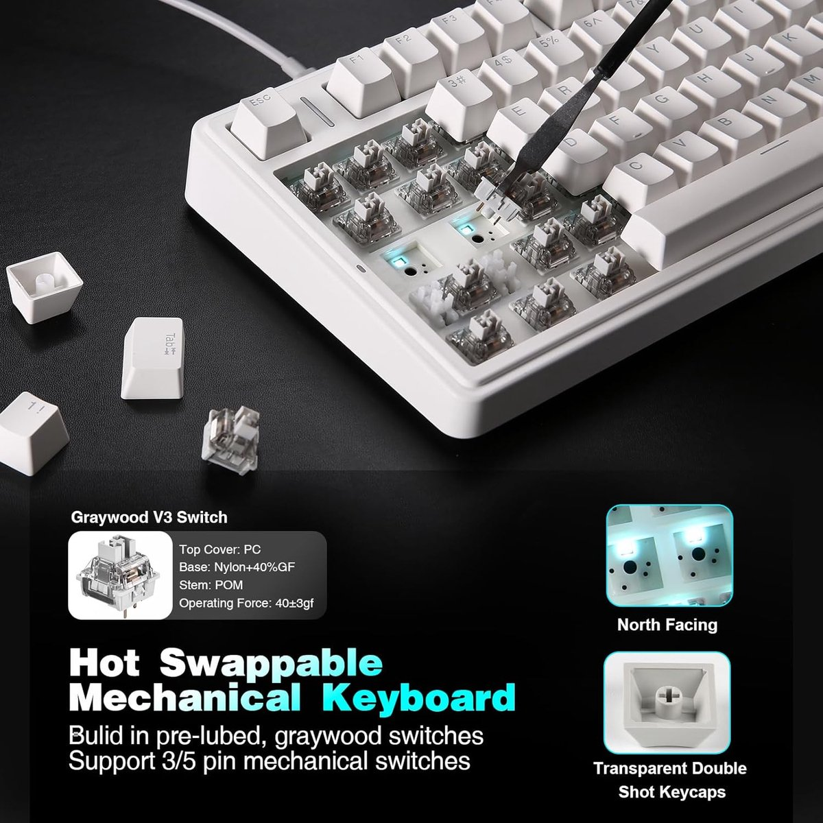 Un clavier mécanique blanc avec des interrupteurs et des touches transparents.