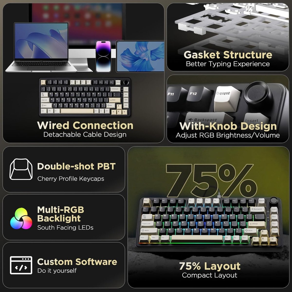 Un clavier avec éclairage RVB, structure à joint et disposition de 75%.