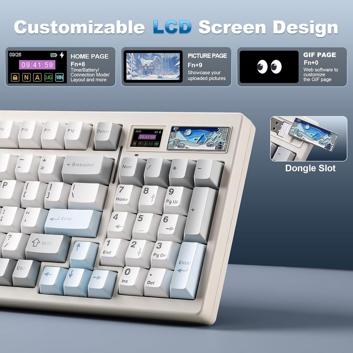 Beige toetsenbord met aanpasbaar LCD-scherm, dongle-sleuf en numeriek toetsenblok.