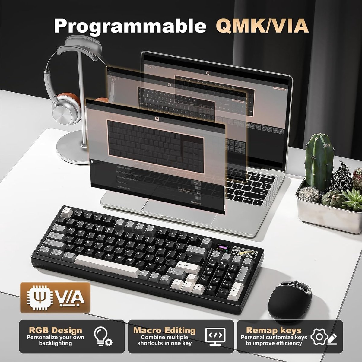 Un clavier programmable QMK/VIA avec souris, casque et cactus.