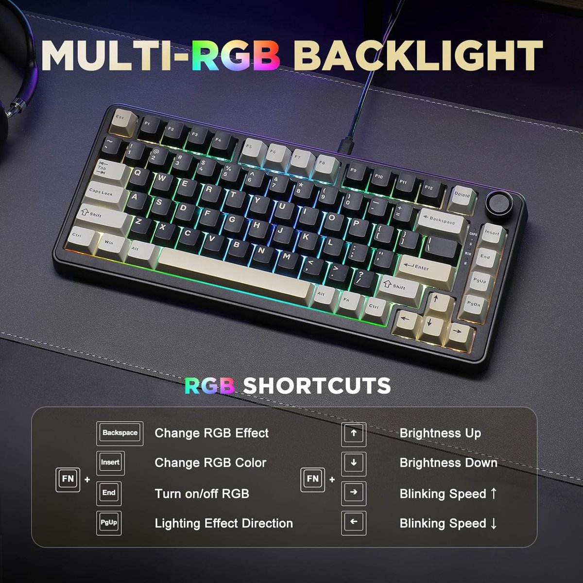 Un clavier mécanique avec rétroéclairage RVB et plusieurs touches.