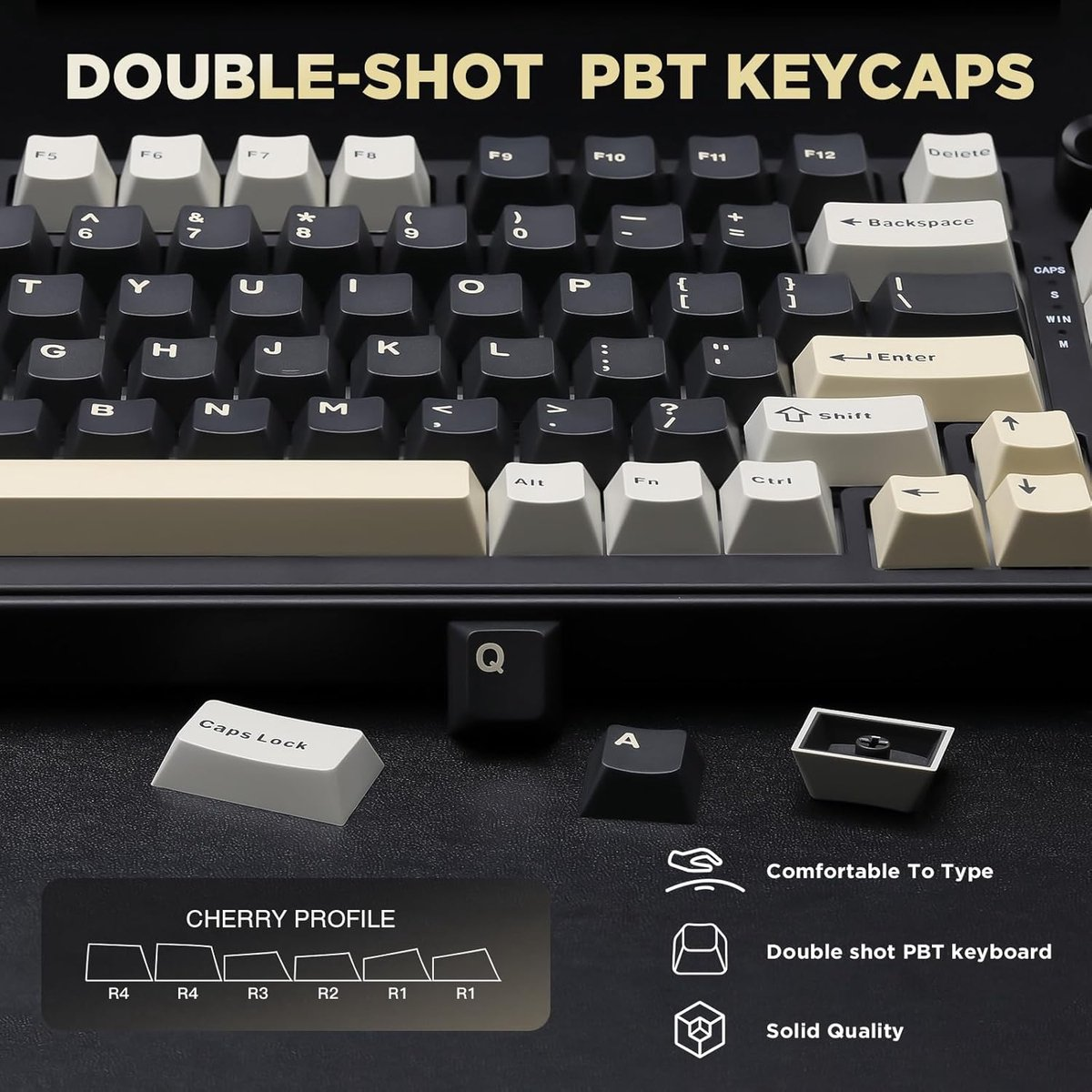 Clavier avec touches PBT double injection, diagramme de profil Cherry et texte.