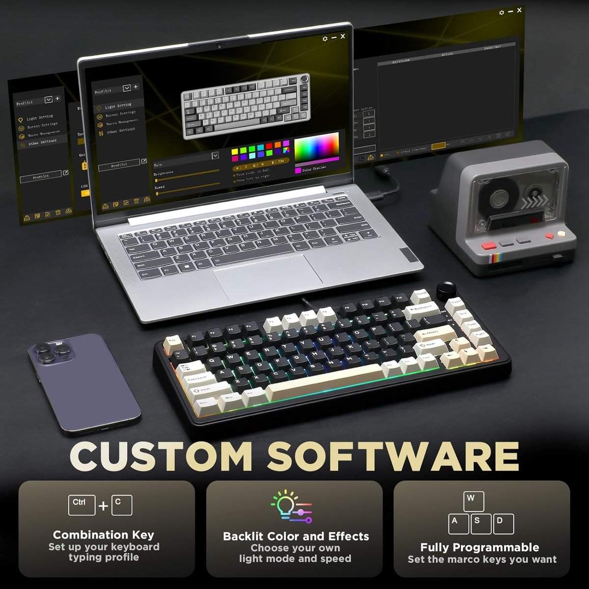 Un ordinateur portable affiche un logiciel de clavier avec options de couleur. Un clavier mécanique devant.