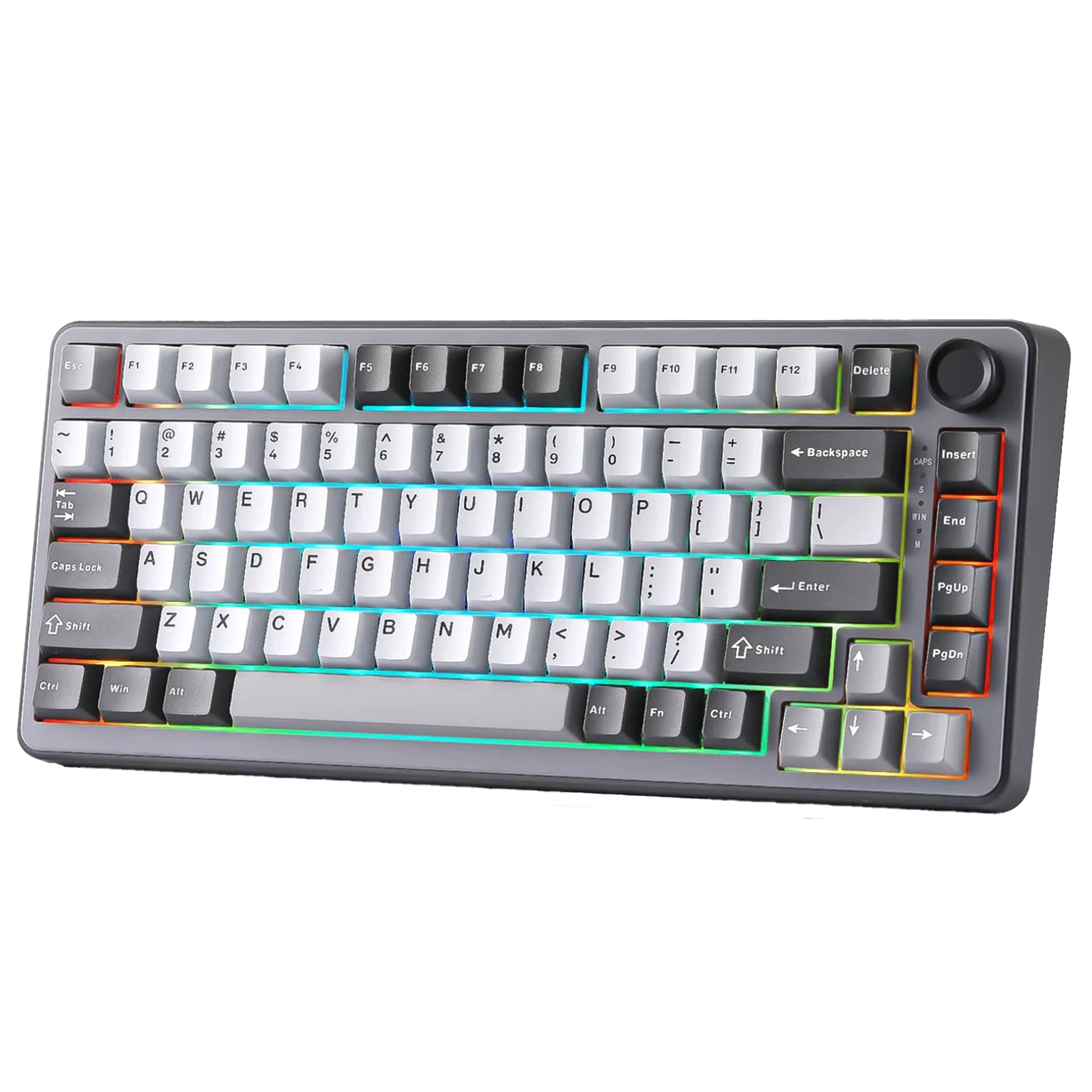 Een grijs toetsenbord met witte toetsen en kleurrijke RGB-verlichting.
