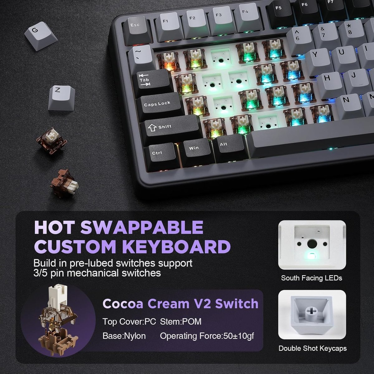 Een toetsenbord met verlichte schakelaars, twee losse keycaps en schakelaars getoond.