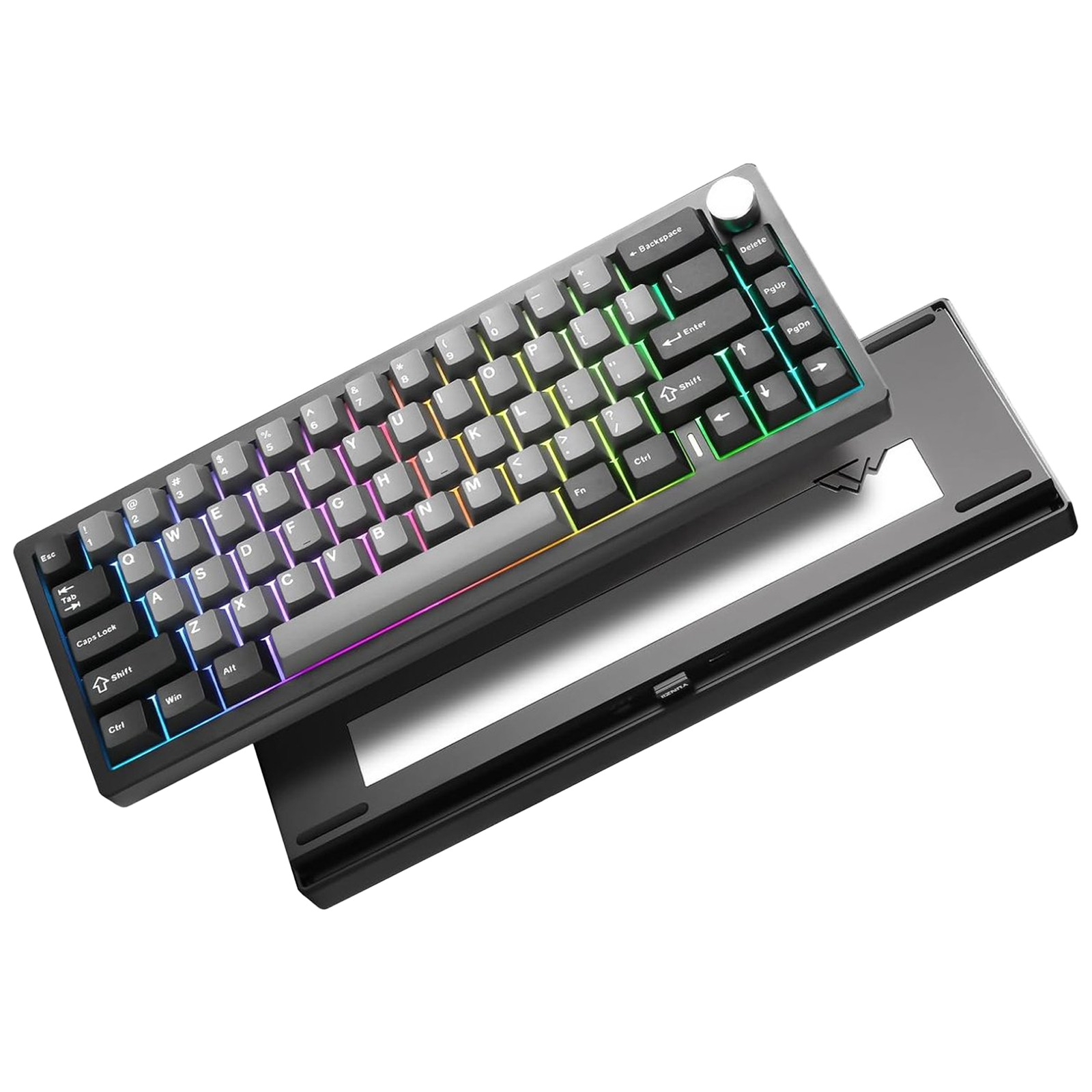 Een grijs toetsenbord met RGB-verlichte toetsen op zwarte achtergrond.