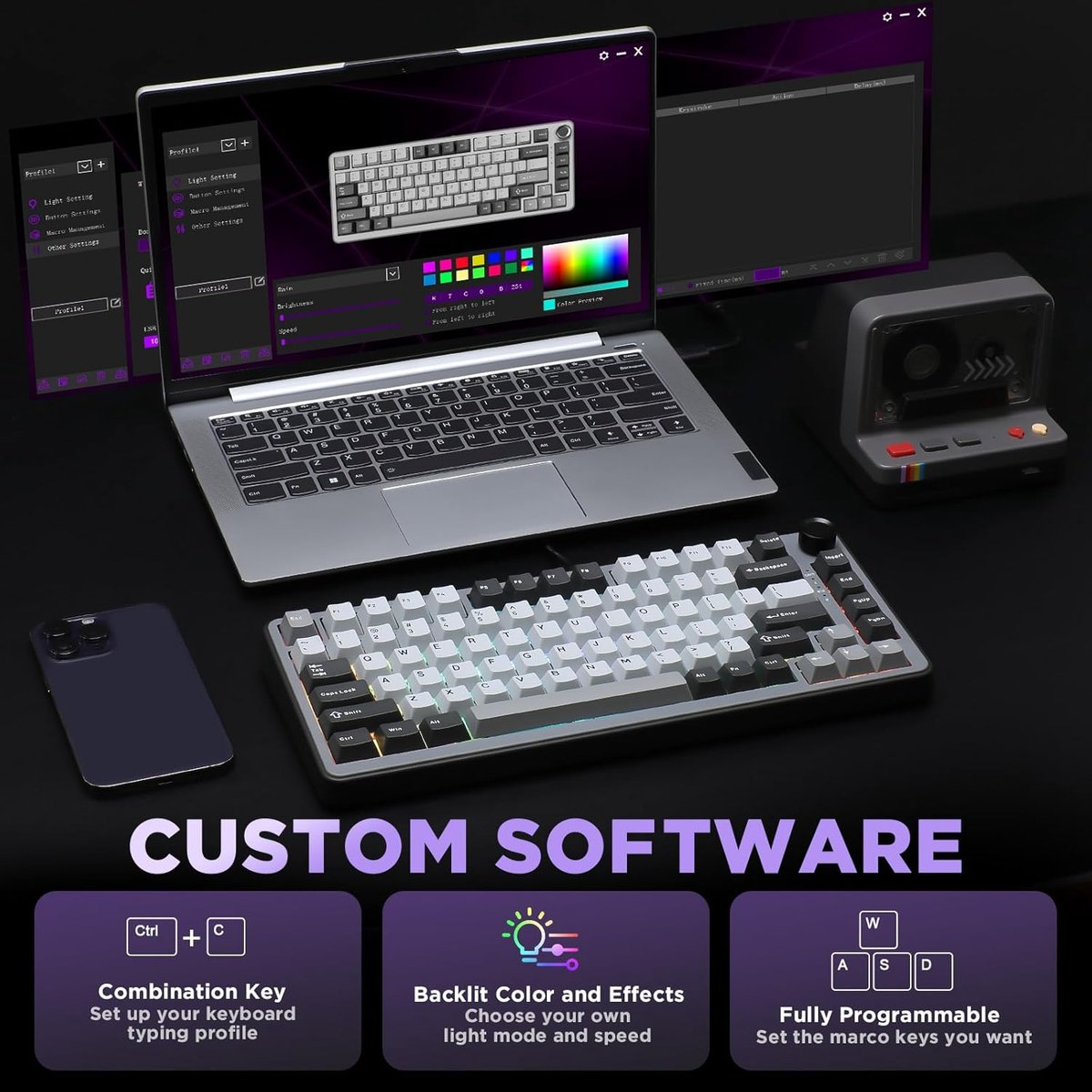 Een laptop toont toetsenbordsoftware met kleuropties en een aparte toetsenbordconfiguratie.