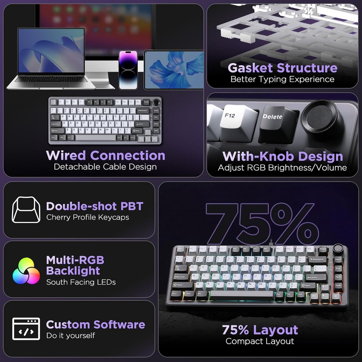 Gasket structuur, afneembare kabel, knopontwerp, PBT keycaps, RGB-achtergrondverlichting, 75% lay-out.
