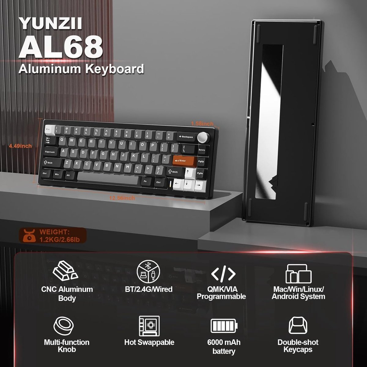 Een zwart YUNZII AL68 aluminium toetsenbord met witte en oranje toetsen.
