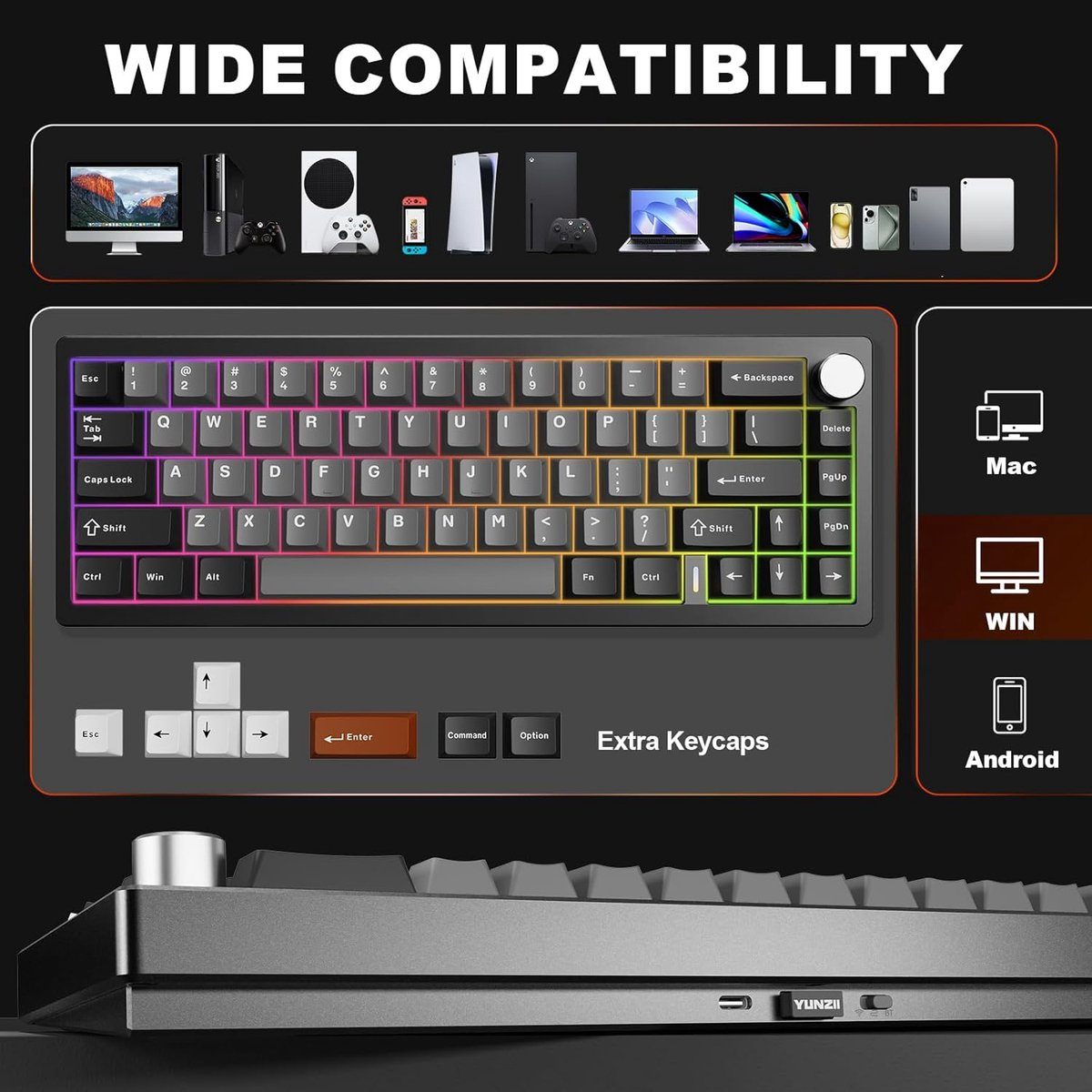 Een toetsenbord met RGB-verlichting, compatibel met Mac-, Windows- en Android-apparaten.