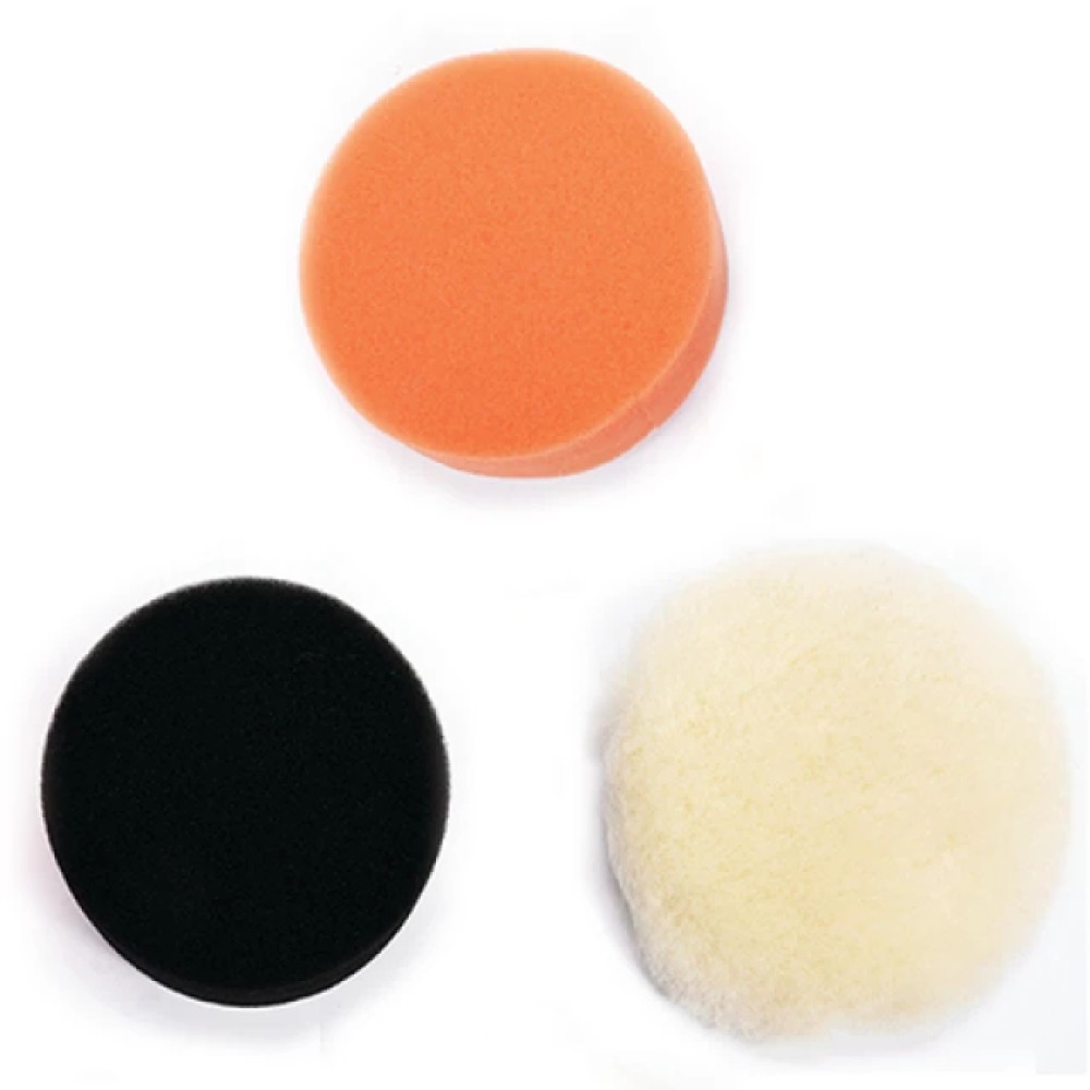 Trzy pady polerskie: pomarańczowy, czarny i kremowy, na białym tle.